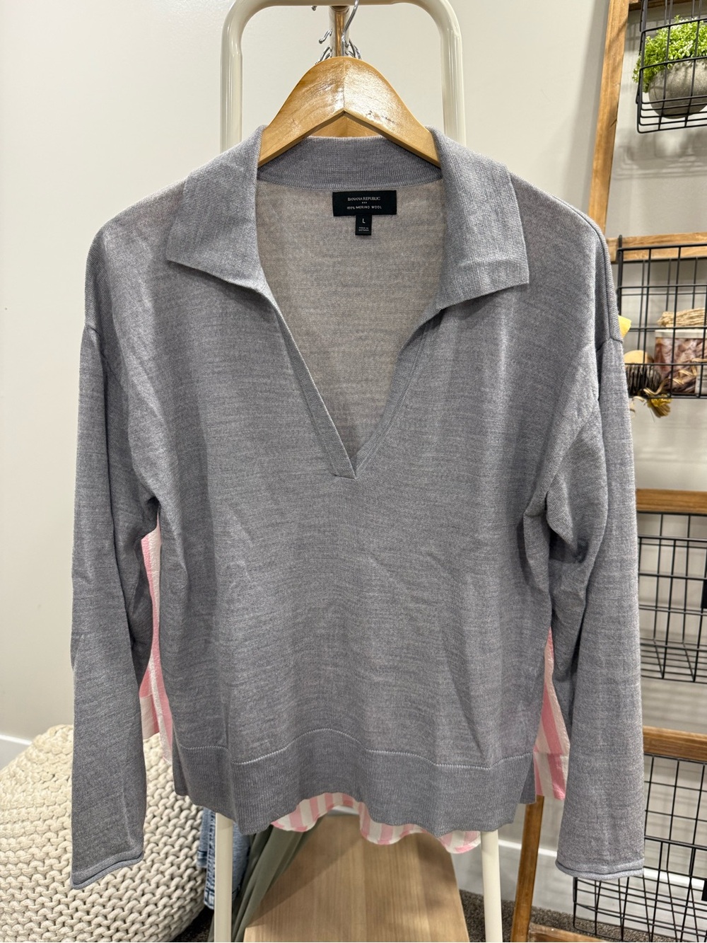 Banana Republic Womens Gray Collared V-Neck Sweater -